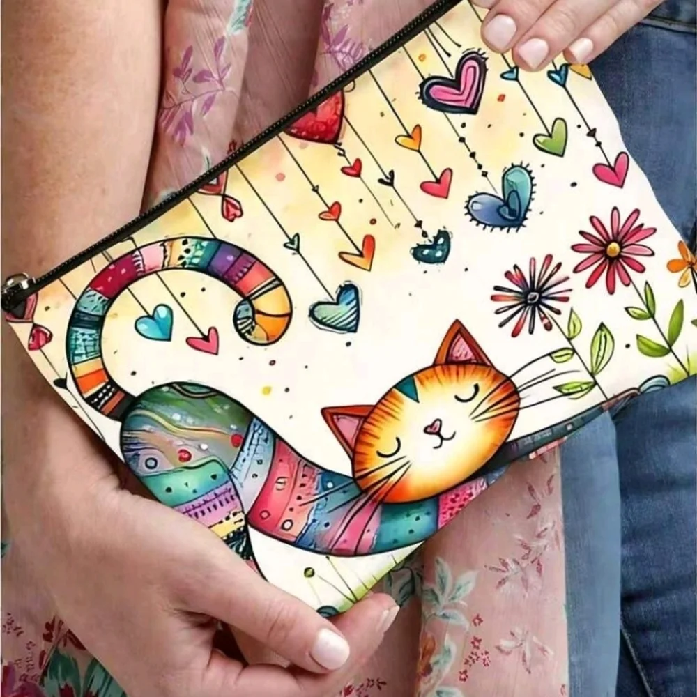Boho Colorful Cat And Hearts Print Zipper Pouch Purse